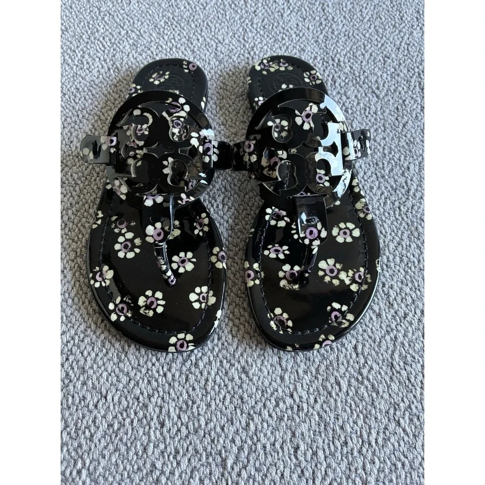Tory Burch Miller Floral Patent Sandals Black Pink Women Size 4.5 M EU 35.5 - Picture 4 of 13
